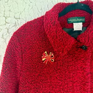 Vintage 1990s Red Bouclé Coat Womens Size 16 Hervé Bernard Long Textured Winter